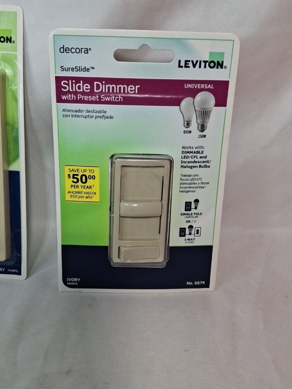 LEVITON Sure Slide Dimmer Wall Switch Dimmable LED Halogen VORY